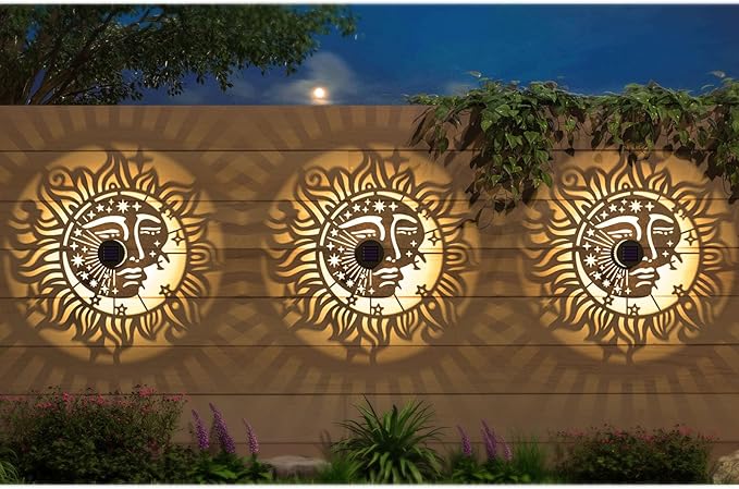 4 Pack Solar Fence Lights Metal Solar Powered Outdoor Wall Deck Step Lights Sun Moon Theme Waterproof Fence Light for Garden Post Patio Backyard Yard Decor, Gardening Gifts for Women Mom Grandma-CasaMuseHome