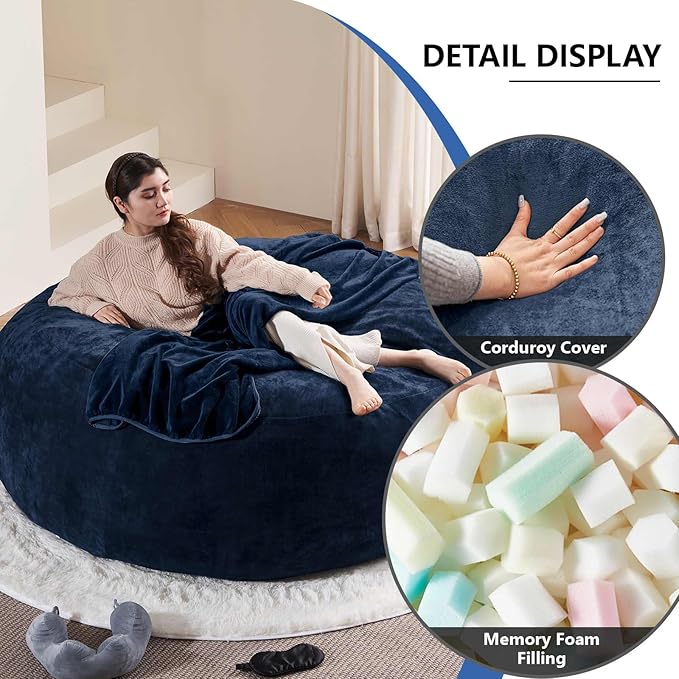 6FT,Oversized Bean Bag Chairs for Adults,Giant beanbag with Filler Included，Fluffy Memory Foam,Soft and Comfy Corduroy Fabric,Gaming Chairs Suitable for Living Room and Bedroom (Blue, 6 Foot)-CasaMuseHome