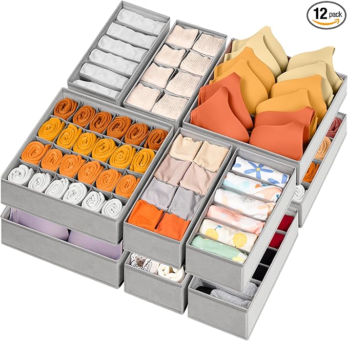 12 Pack Sock Underwear Drawer Organizer Dividers, 116 Cells Fabric Foldable Dresser Closet Organizers and Storage Bins for Baby Clothing, Women Men Underwear Socks, Bra, Ties, Scarf-CasaMuseHome