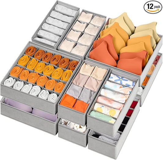 12 Pack Sock Underwear Drawer Organizer Dividers, 116 Cells Fabric Foldable Dresser Closet Organizers and Storage Bins for Baby Clothing, Women Men Underwear Socks, Bra, Ties, Scarf-CasaMuseHome