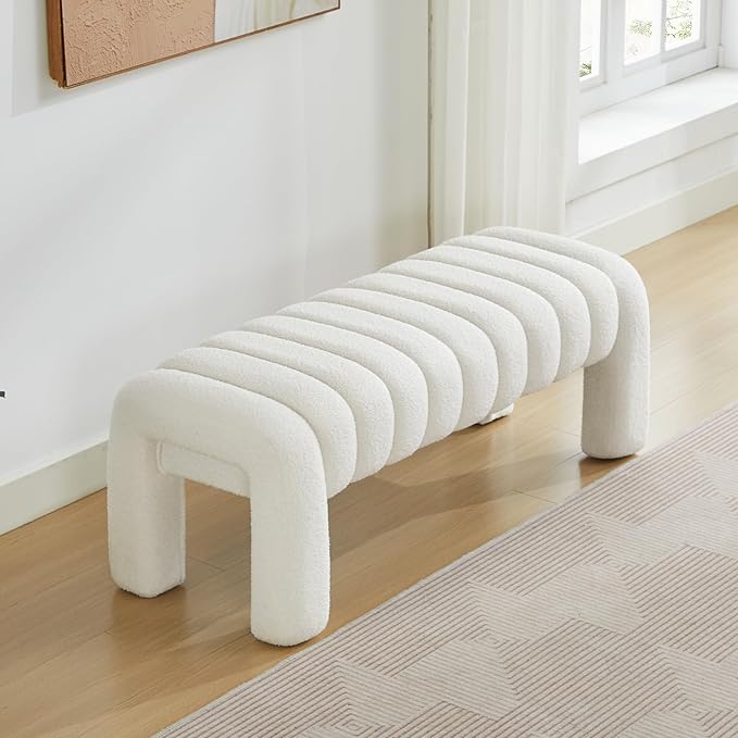 43.3" Bedroom Bench, Upholstered Entryway Bench, Modern End of Bed Ottoman with Solid Wood Legs and Adjustable Foot Pegs for Entryway, Dining Room and Living Room (White Teddy)-CasaMuseHome