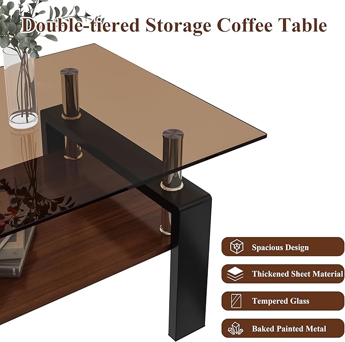 39" Brown Glass Coffee Table Walnut Modern Living Room Center Table Rectangle, with Wooden MDF Storage Layer, Black Metal Leg, for Small Apartment and Office, Brown-CasaMuseHome