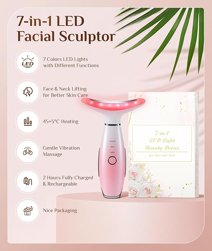 7 Color Galvanic Machines - Red Light Therapy for Face and Neck, Face Massager Tool for Wrinkles, Double Chin, Vibrating Facial Massager with Thermals, Pink-CasaMuseHome