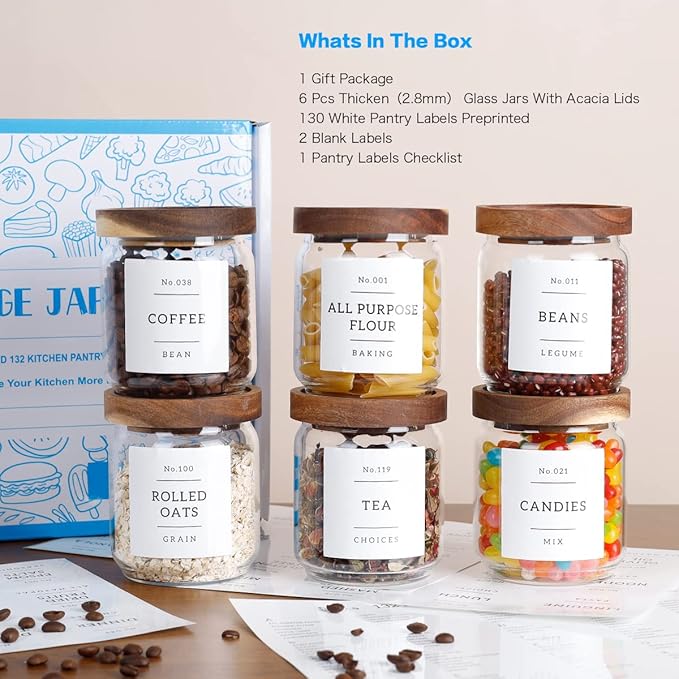 16 OZ Stackable Glass Food Storage Jars with 132 Pantry Labels Preprinted - 6 Pcs Thicken Glass Storage Containers with Airtight Acacia Lid - Clear Kitchen Canister for Spice, Tea, Coffee, Sugar-CasaMuseHome