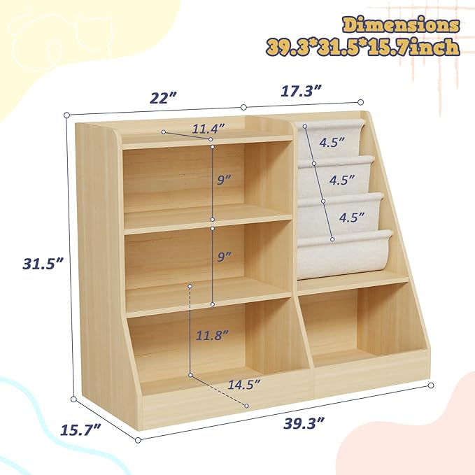39" Large Kids Wooden Bookshelf and Toy Storage Organizer, Baby Bookcase with Sling Book Rack, Children Toddler Wooden Book Shelf for kids rooms, Playroom, Classroom, Nursery, School (Natural)-CasaMuseHome