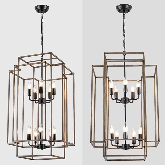30" Black Farmhouse Chandelier, 10-Light Foyer Lighting Fixtures, Lantern Tiered Pendant Light Fixtures, Metal Wood Grain Finish Rustic High Ceiling Chandelier for Dining Room Entryway Staircase-CasaMuseHome