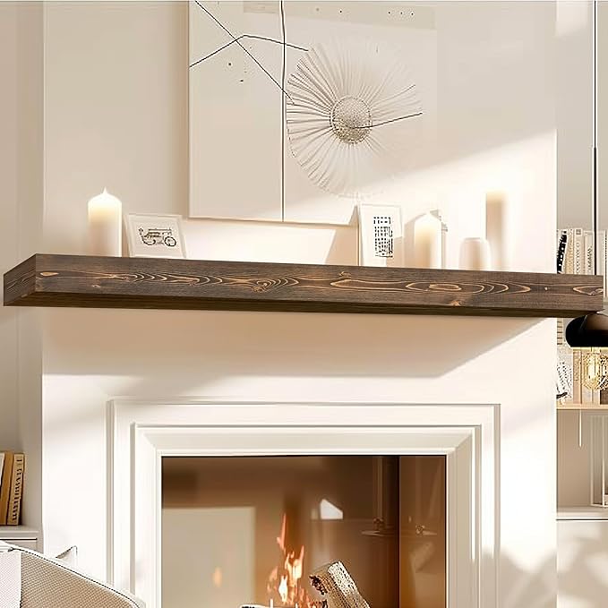 72x8x3 Fireplace Mantel - Handcrafted Hollow Rustic Solid Wood Wall Mounted Floating Shelf with Invisible Heavy Duty Wood Bracket (Weathered Brown)-CasaMuseHome