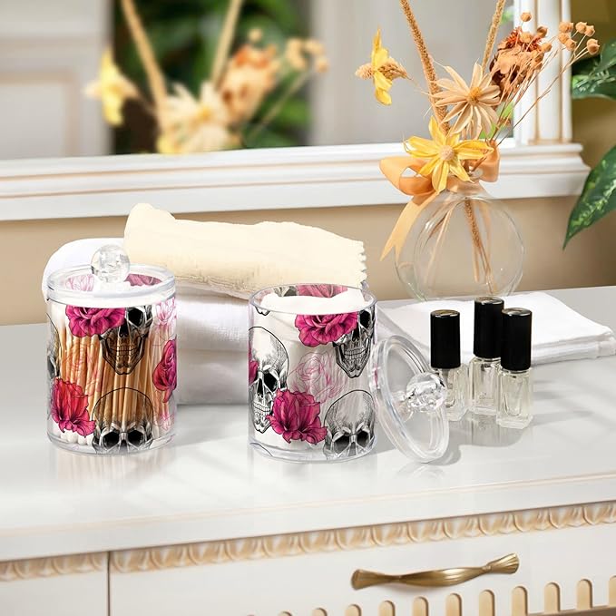 2 Pack Qtip Holder Dispenser Skull Rose Flower Bathroom Storage Canister Lid Acrylic Plastic Apothecary Jar Set Vanity Makeup Organizer for Cotton Swab/Ball/Round Pads, Floss-CasaMuseHome