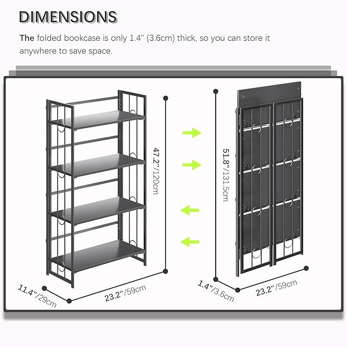 4NM No Assembly 4 Tiers Folding Bookshelf, 47.2" H Foldable Storage Shelves Vintage Bookcase Standing Racks Study Organizer Home Office - All Black-CasaMuseHome
