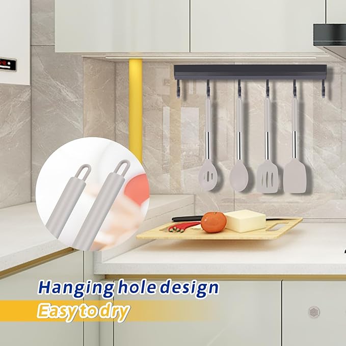 5-Piece Silicone Kitchen Tool Set, BPA-Free, Heat-Resistant, Non-Stick & Dishwasher-Safe, with Slotted/Solid Spoons & Spatulas for Frying, Mixing, Draining – Includes Multi-Purpose Serving Hook(Khaki)-CasaMuseHome