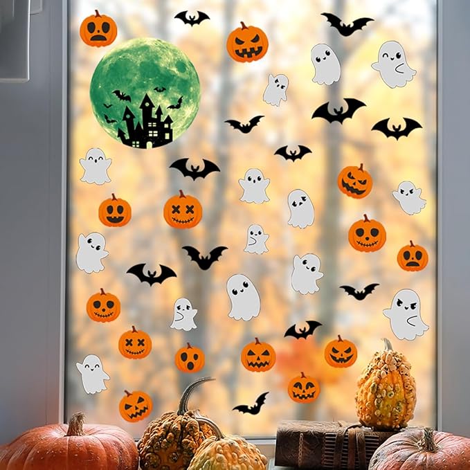 6 Sheets Halloween Window Clings Halloween Window Stickers Double-Sided Removable Castle Pumpkin Ghost Bat Window Decals Decor for Scary Halloween Theme Party Decorations-CasaMuseHome