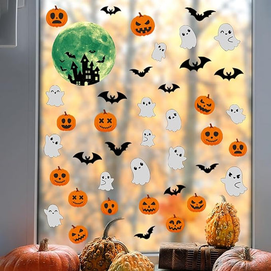 6 Sheets Halloween Window Clings Halloween Window Stickers Double-Sided Removable Castle Pumpkin Ghost Bat Window Decals Decor for Scary Halloween Theme Party Decorations-CasaMuseHome