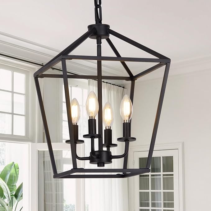 4 Light Chandelier, Industrial Ceiling Light Black Lantern Light Fixtures with Farmhouse Metal Cage Adjustable Height Rustic Geometric Hanging Light E12 Base for Kitchen Island, Entryway, Indoor-CasaMuseHome