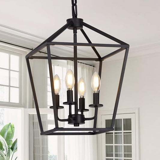 4 Light Chandelier, Industrial Ceiling Light Black Lantern Light Fixtures with Farmhouse Metal Cage Adjustable Height Rustic Geometric Hanging Light E12 Base for Kitchen Island, Entryway, Indoor-CasaMuseHome