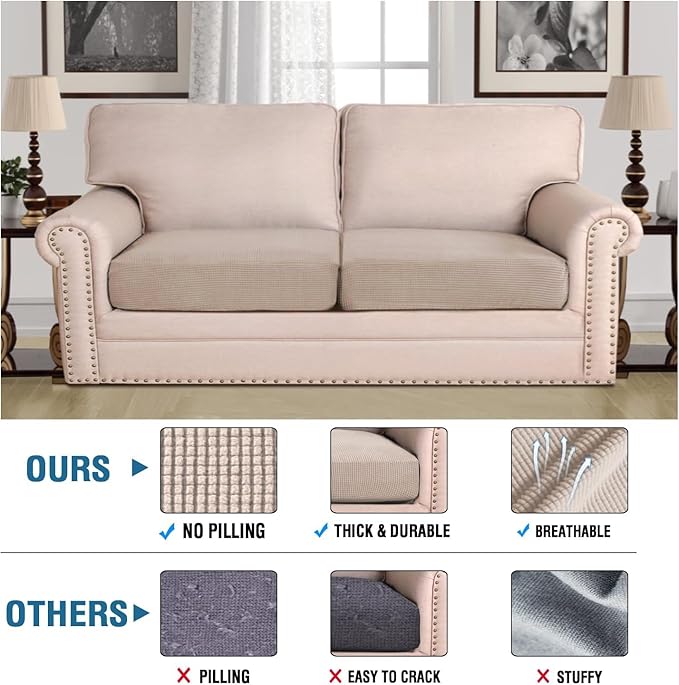 H.VERSAILTEX Super Stretch Individual Seat Sofa Covers Couch Slipcover Sets Thick Jacquard Textured Twill Fabric (2 Piece Large Sofa Cushion Covers, Sand)-CasaMuseHome