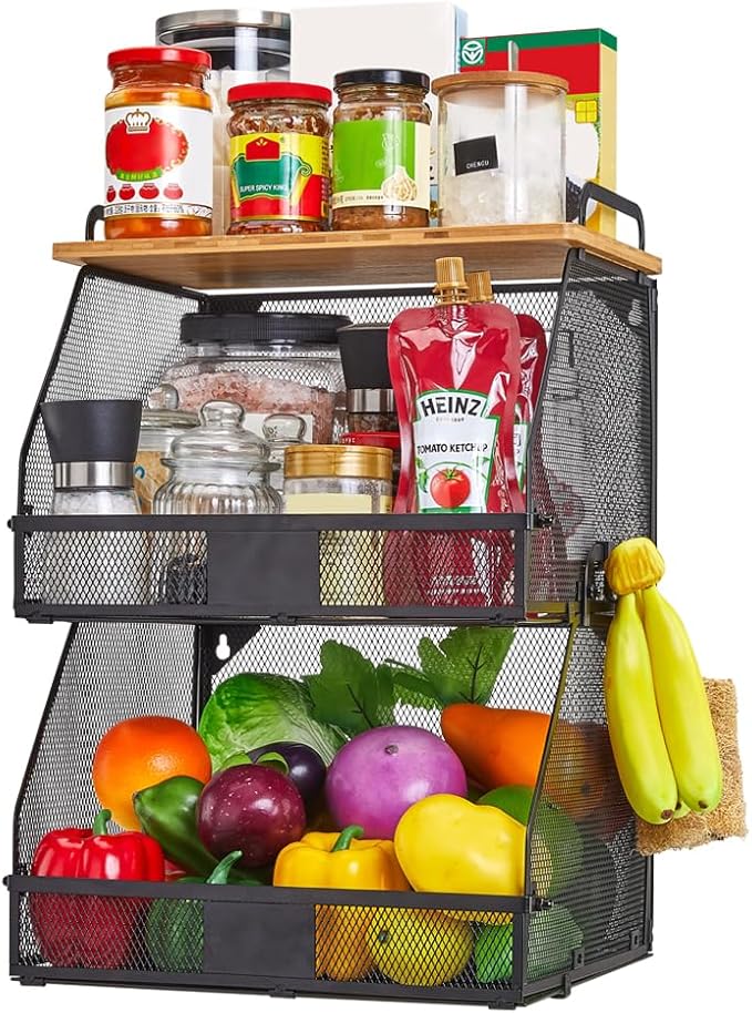 2 Tier Stackable Hanging fruit basket for kitchen counter,hanging Wall baskets with Bamboo Tops & Tag,Wire basket for Cabinet Shelf Countertop Pantry Organizer Bins, onion potato Vegs Bread Organizing-CasaMuseHome