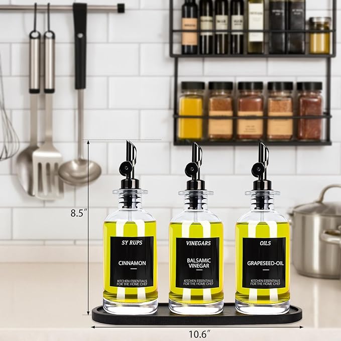 3PCS Olive Oil Dispenser Bottle For Kitchen, Soy Sauce Dispenser, Glass Oil and Vinegar Dispenser Set W. Wooden Tray & Labels & 3 Replacement Spouts, Coffee Syrup Dispenser-CasaMuseHome