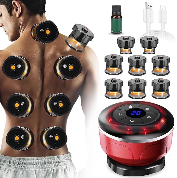 4-in-1 Electric Cupping Therapy Set with 8 Cellulite Massage Cups with 12 Modes Suction,Smart Dynamic Cupping Therapy Set for Ease Fatigue, Muscle Soreness and Skin Tightening(Red)-CasaMuseHome