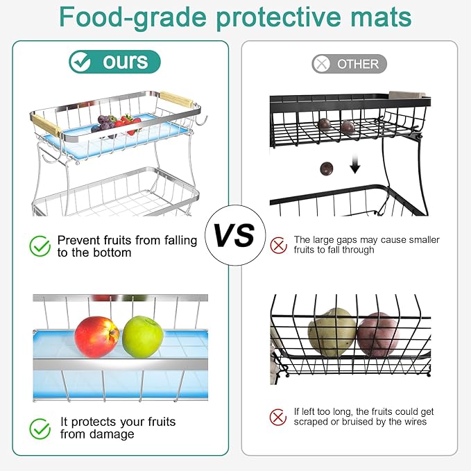 3 Tier Fruit Basket for Kitchen Counter with 2 Mobile Banana Hangers, 2025 Pro Detachable Metal Fruit Bowl with Wooden Handle, Fruit Holder for Bread Snack Veggies, Silvery-CasaMuseHome