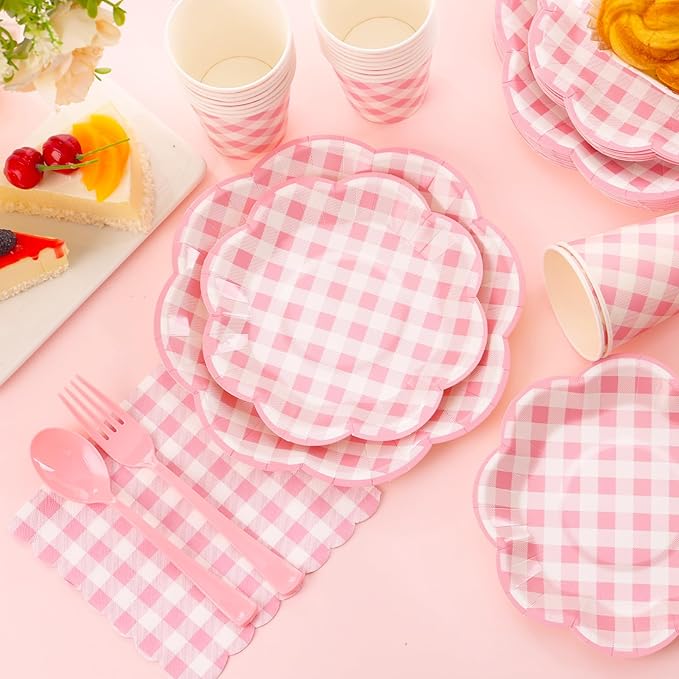 350 Pcs Pink Gingham Plates and Napkins Party Supplies - Pink and White Checkered Plates Sets Serve 50 Guests - Scalloped Gingham Paper Plate for Birthday Wedding Picnic Party Decorations-CasaMuseHome