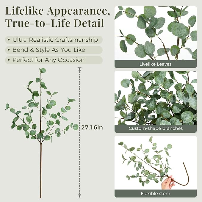 8Pcs Faux Eucalyptus Stems, 27" Artificial Eucalyptus Plants with White Frosted Coating, Fake Eucalyptus Decor Silk Greenery Leaves for Wedding Bouquets Home Decor DIY Floral Arrangements-CasaMuseHome