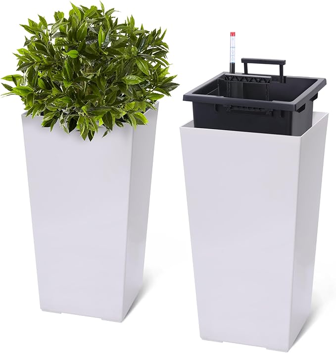 22.5" Tall Planters Set of 2, Outdoor＆Indoor Black Planter Pots, High Front Porch Planter Pots with Drainage Holes＆Water Level Monitor＆Inner Bucket, Automatic Watering, White-CasaMuseHome