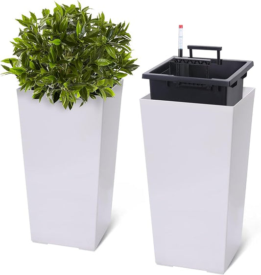 22.5" Tall Planters Set of 2, Outdoor＆Indoor Black Planter Pots, High Front Porch Planter Pots with Drainage Holes＆Water Level Monitor＆Inner Bucket, Automatic Watering, White-CasaMuseHome