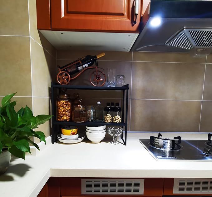 2 Tier Expandable Cabinet Shelf Organizer 14.5-25" L Kitchen Counter Shelf Rack Stand Sink Riser Countertop Storage Black (Normal 7.9”D)-CasaMuseHome