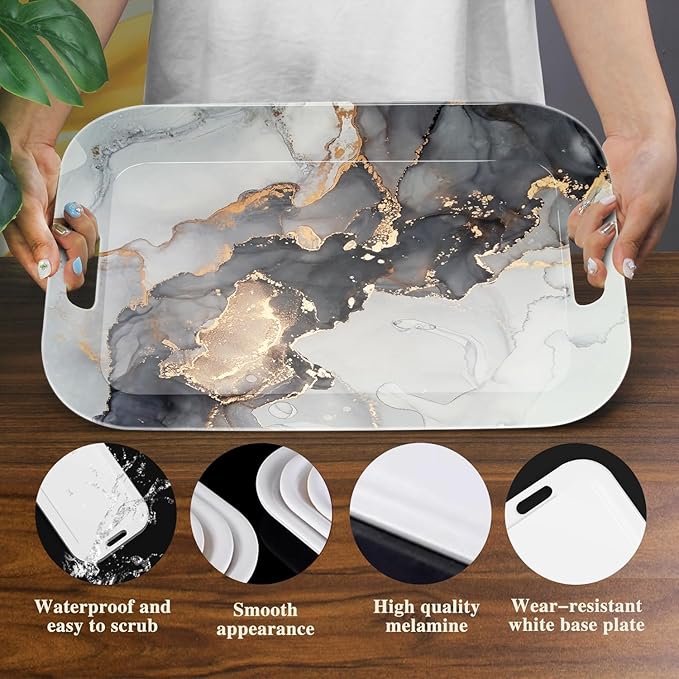 Serving Trays with Handles, 14.5 x 9.8 inch Rectangular Plastic Tray for Restaurant, Kitchen, Gray and Golden Marble-CasaMuseHome