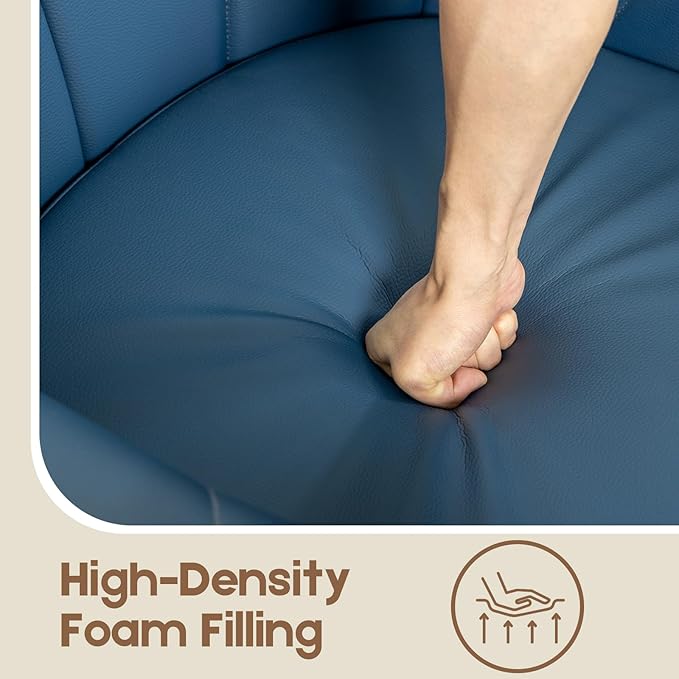 360° Swivel Accent Chair, Modern Leather Barrel Club Chair with Leather Upholstery and Sturdy Wood Base, Comfortable Armchair for Living Room, Bedroom, Reading Nook, Blue-CasaMuseHome