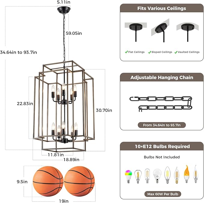 30" Black Farmhouse Chandelier, 10-Light Foyer Lighting Fixtures, Lantern Tiered Pendant Light Fixtures, Metal Wood Grain Finish Rustic High Ceiling Chandelier for Dining Room Entryway Staircase-CasaMuseHome