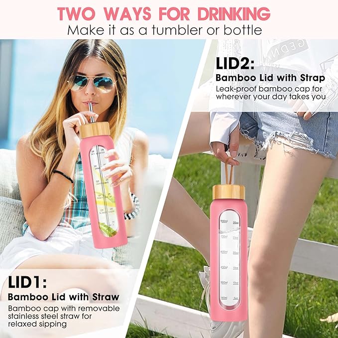 32 oz Glass Water Bottle with Straw - Motivational Time Marker & Silicone Sleeve - Reusable Tumbler Includes 2 Bamboo Lids & Fruit Infuser - 1 Pack-CasaMuseHome