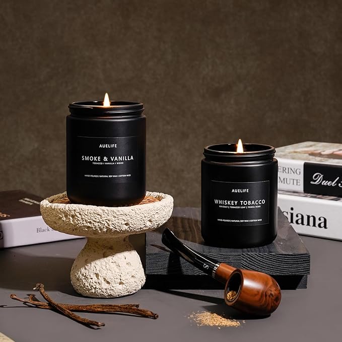 2 Pack Candle | Smoke & Vanilla + Whiskey Tobacco - Candles for Men - Masculine Candle, Soy Candles for Home Scented - Gifts for Men, Home Fragrance Manly Gifts - Each of 7oz-CasaMuseHome