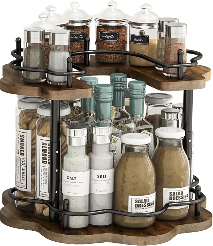 2 Tier Lazy Susan Organizer,2-Tier Spinning Spice Rack with Stable Carousel Base & 4 Height Settings for Cupboard Kitchen Countertop Dining Table Cupboard (Petal Shape)-CasaMuseHome