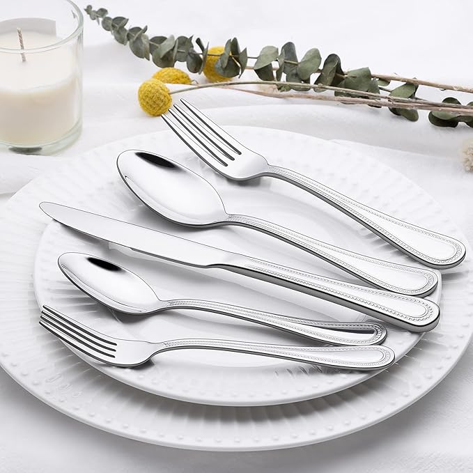 60-Piece Silverware Set for 12, Stainless Steel Flatware, Mirror Polished Cutlery Set, Utensils Include Spoons, Forks, Knives for Home, Restaurant, Beaded Handle, Dishwasher Safe-CasaMuseHome