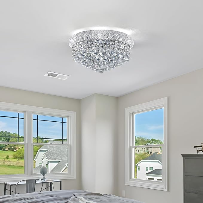 7-Light Crystal Flush Mount Chandelier Ceiling Light Fixture for Living Room Dining Room Bedroom Foyer Entryway Hallway Closet Bathroom (Chrome D18)-CasaMuseHome