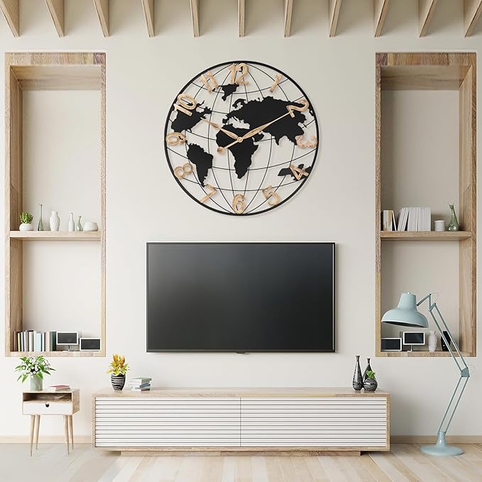 30 Inch Extra Giant Large Wall Clock Oversized,Black Big Metal Modern Decorative Silent World Map Wall Clock with Vintage Gold Arabic Numeral for Office,Living Room,Kitchen,Dining Room Decor-CasaMuseHome