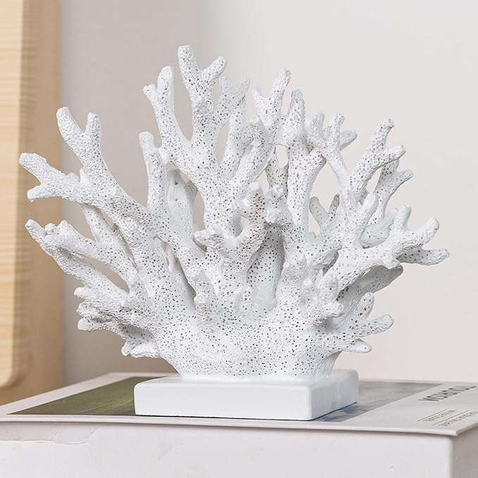 5.8" H White Coral Decor, Resin Coral Statue, Nautical Decorations for Home, Bedroom, Bathroom, Living Room, Beach/Coastal/Ocean Themed Cabinet Shelf Tabletop Decor-CasaMuseHome