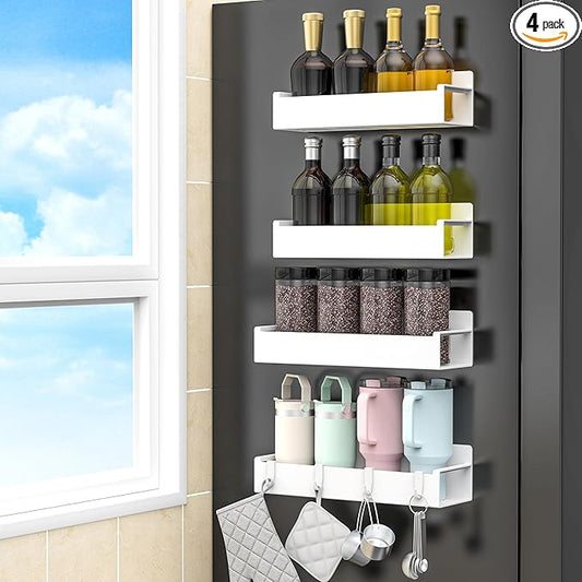 4 Pack Magnetic Spice Rack Organizer for Refrigerator and Oven, White Fridge Organizers and Storage for Kitchen-CasaMuseHome