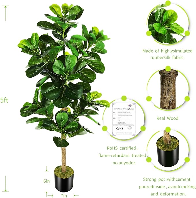 5ft Artificial Fiddle Leaf Fig Tree (60in) with Plastic Nursery Pot Faux Tree, Ficus Lyrata Fake Plant for Office House Farmhouse Living Room Home Decor (Indoor/Outdoor)-CasaMuseHome