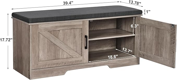 2-Tier Storage Bench, Shoe Bench with Padded Seat Cushion, Entryway Bench with 2 Barn Doors, Adjustable Shelf, 13.8" D x 39.4" W x 17.7" H, for Entryway, Living Room, Bedroom, Greige-CasaMuseHome