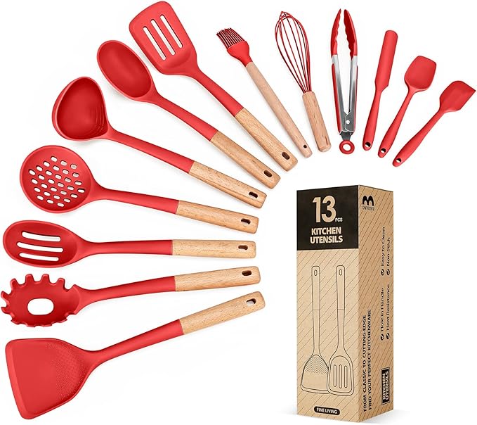 Kitchen Utensils Set, 13PCS Silicone Cooking Utensils, Heat Resistant Kitchen Utensil Spatula Set for Nonstick Cookware, Wooden Handles Kitchen Gadgets Tools Set (RED)-CasaMuseHome