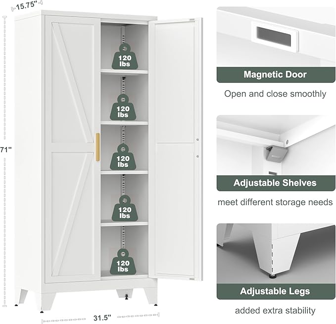 71'' Farmhouse Metal Storage Cabinet with Barn Doors,Steel File Cabinet for Home Office,Kitchen Pantry 4 Adjustable Shelves,Freestanding Cupboard for Kitchen,for Home Office,School (White)-CasaMuseHome
