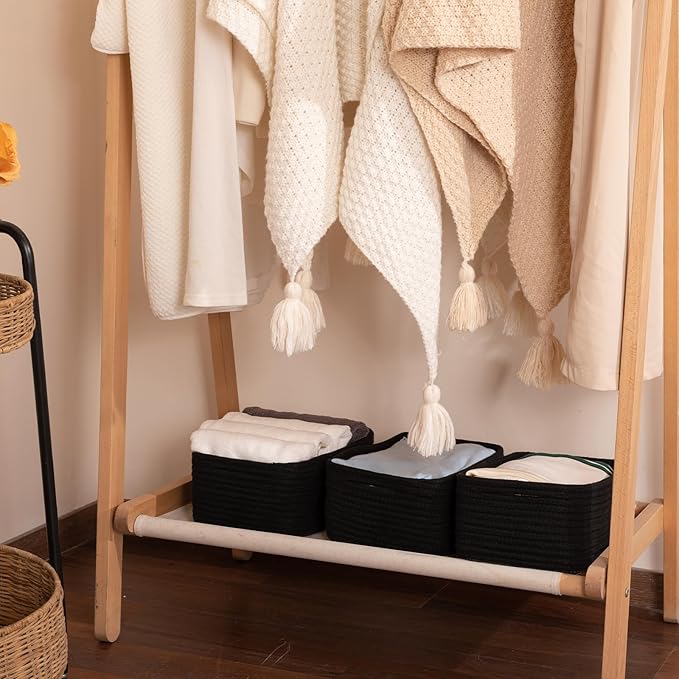 3 Pack Small Storage Baskets for Organizing, Cute Woven Decorative Gift Baskets for Shelves, Mini Closet Organizer Bins with Handles, 11.81''Lx7.87''Wx4.72''H-Black-CasaMuseHome