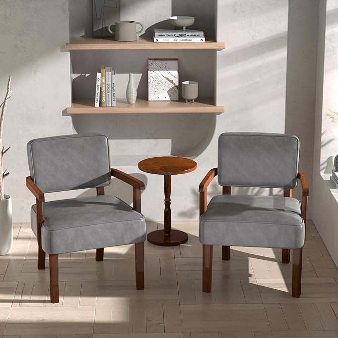 Accent Chair, PU Leather Oversized Living Room Chairs with Soft Seat and Armrests, Armchair for Bedroom, Dinning, Reading and Waiting Rooms (Leather Gray)-CasaMuseHome