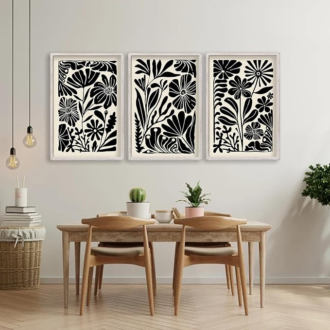 Abstract Floral Botanical Wall Art 16x11 Inch 3 Piece Black Vintage Boho Plant Flower Minimalist Wood Frame Sign Home Living Room Family Office Mid Century Print Wall Hanging Decor (White)-CasaMuseHome
