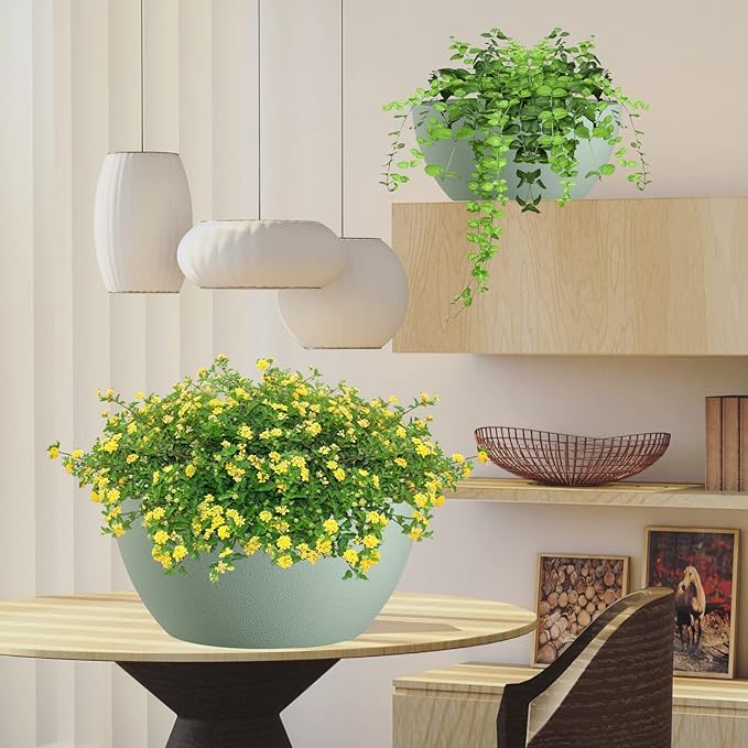 13 inch Large Hanging Planters Plant Pots for Outdoor Indoor Plants with Drainage Holes and Chain, 2 Pack Round Hanging Flower Pots for Garden Home Porch Decor, Green-CasaMuseHome