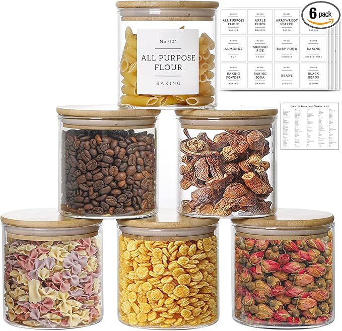 20 OZ Glass Food Storage Jars with 132 Pantry Labels Preprinted - 6 Pcs Thicken Glass Storage Containers with Airtight Bamboo Lid - Clear Kitchen Canister for Spice, Tea, Coffee, Sugar, Cookie, Candy-CasaMuseHome