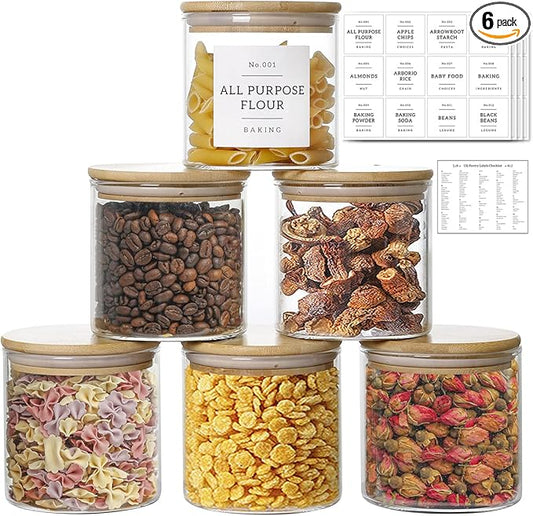 20 OZ Glass Food Storage Jars with 132 Pantry Labels Preprinted - 6 Pcs Thicken Glass Storage Containers with Airtight Bamboo Lid - Clear Kitchen Canister for Spice, Tea, Coffee, Sugar, Cookie, Candy-CasaMuseHome