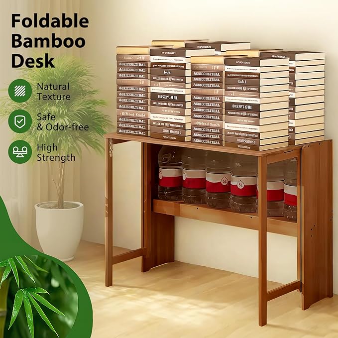 39.37" Bamboo Folding Desk,Space-Saving Computer Desk for Small Spaces, Foldable Study Table for Bedroom, Home Office, Dorm, Apartment (Brown)-CasaMuseHome
